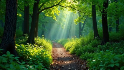 Ancient forest path winding through dense foliage, peaceful, foliage
