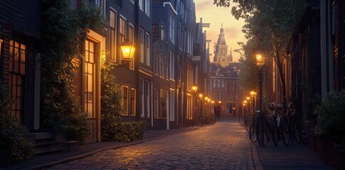 Fototapeta premium Charming cobblestone street illuminated by lamps in Amsterdam at dusk highlighting historic architecture and tranquility