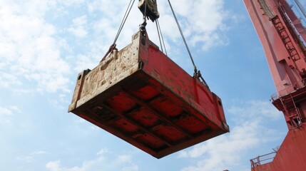 Red Cargo Container Being Lifted by a Crane Against a Blue Sky