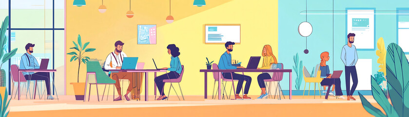 A group of young professionals, dressed in casual attire, working on laptops in a vibrant co-working space