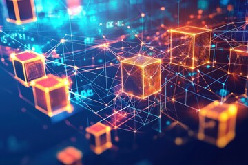 Dynamic background features glowing chains securely linking data blocks in blockchain visualization.