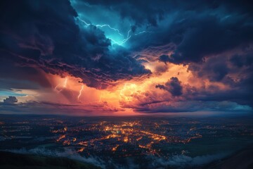 Obraz premium Dramatic lightning storm illuminates city skyline at dusk with vibrant colors and swirling clouds