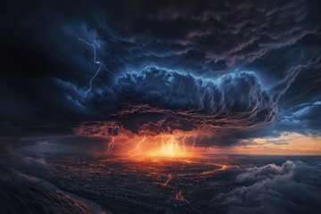 Dramatic thunderstorm over cityscape at sunset with vivid lightning and colorful clouds
