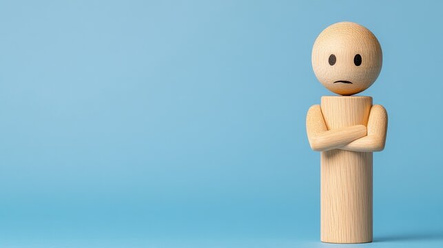 Wooden figure with arms crossed, exhibiting a displeased expression, stands against a light blue background. Simple, minimalist style