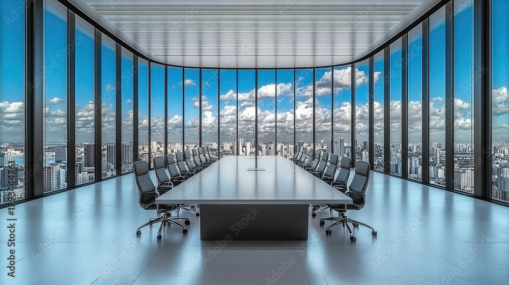 Aufkleber modern office meeting room with large table and panoramic city views. bright space features sleek ch