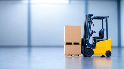 Naklejka premium Yellow forklift lifts cardboard boxes on wooden pallet in a large industrial warehouse. Bright lighting, clean background