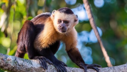 Crested Capuchin Monkey in Linhares, Brazilian Rainforest Majestic Crested Capuchin Basking in the Sunlit Tropical Canopy of Espirito Santo, Southeast Brazil