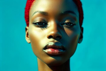 Fototapeta premium Commercial promotion concept art art. Pretty calm black girl - for ads, magazine ad and online banner banner use. Short trim - red hair. Short hair trends. Modern african portrait.