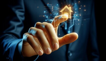 Business Innovation Concept – Home Launching from Finger with Futuristic Glow.