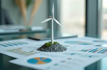Small wind turbine model placed over business reports shows renewable energy investments future. Charts demonstrate sustainability growth, green finance, corporate strategy, environment, miniature