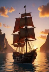 Fototapeta premium Un barco pirata anciano y robusto se sumerge lentamente en la orilla a medida que el atardecer toma pose, boat, shore, sailing