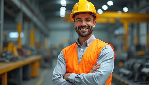 Confident industry worker with beard in safety gear at modern factory. He wears yellow helmet and orange hi-vis vest and smiles. Man posing with his arms crossed on blurred industrial background.