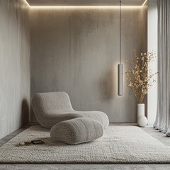 Soft gray tones and cool mood lighting in gentle 3D coir room.