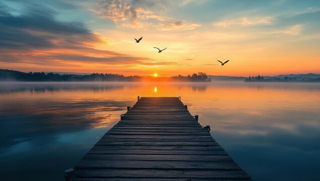 Serene sunrise over calm lake with wooden pier and flying birds in tranquil morning light