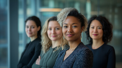 Fototapeta premium Close-up portrait of smiling women from different ethnicities standing side by side in an office setting, looking at the camera with determination and confidence. The image highlights diversity