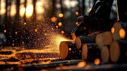A chainsaw cutting through logs, creating sparks and sawdust, with a warm sunset background. Concept Chainsaw Action, Sunset Backdrop, Logs and Woodworking, Sparks and Sawdust, Outdoor Carpentry