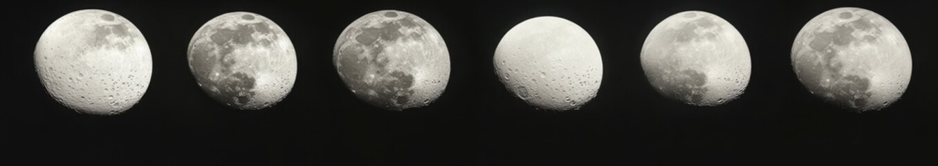 Phases of the moon captured in a clear night sky showing the gradual transition from waxing to waning