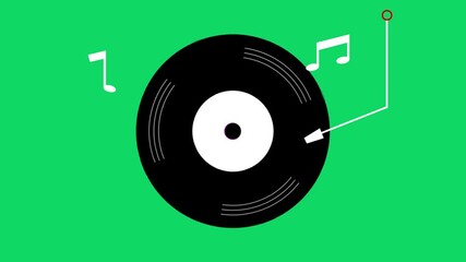 A vinyl record spins on a vintage vinyl record player on a green background.