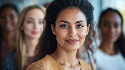 Obraz premium Close-up portrait of smiling women from different ethnicities standing side by side in an office setting, looking at the camera with determination and confidence. The image highlights diversity