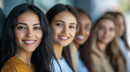 Fototapeta premium Close-up portrait of smiling women from different ethnicities standing side by side in an office setting, looking at the camera with determination and confidence. The image highlights diversity