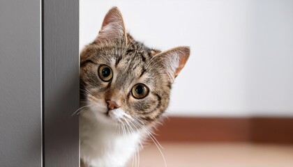 Intriguing Feline Glance from Hidden Nook, Vibrant Monochrome Tones Capturing a Moment of Mystery in an Urban Scene, With Shadows Playing on Distressed Walls and a Touch of Spring Green.