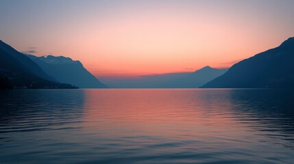 Serene Twilight Over Calm Lake with Mountain Reflections