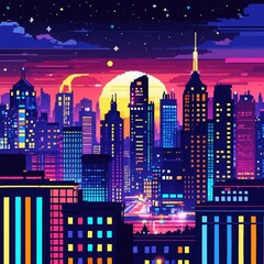 Pixel art cityscape at sunset. Colorful buildings and city lights glow under moon and stars. Night urban scenery of building tops.