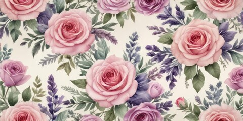 Vintage-inspired watercolor roses and lavender pattern, delicate, elegant, painting, soft colors, botanical motifs