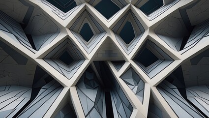 Modern Geometric Architecture Design. Gray and white colored square pattern forming abstract structural tunnel with diamond shaped openings, low angle view.