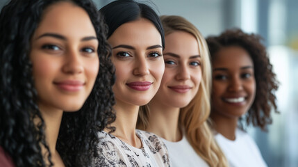 Obraz premium Close-up portrait of smiling women from different ethnicities standing side by side in an office setting, looking at the camera with determination and confidence. The image highlights diversity