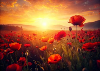 Obraz premium Vintage Poppy Field: Sun-Drenched Blooms in Rustic Beauty