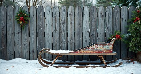 Vintage sled leaning against a weathered wooden fence decorated with fresh pine and holly, holly wreath, wooden fence, country ambiance