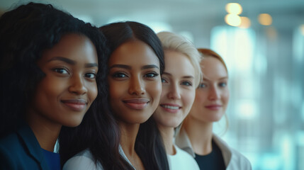 Obraz premium Close-up portrait of smiling women from different ethnicities standing side by side in an office setting, looking at the camera with determination and confidence. The image highlights diversity