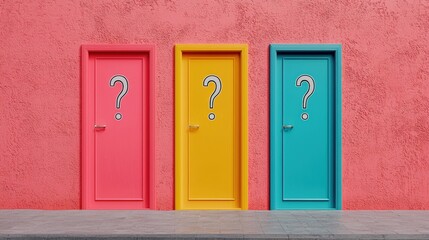 Three colorful doors with question marks. Concept of choice, decision, and opportunity.