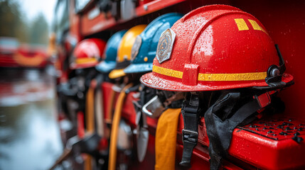Firefighter Helmets Safety Gear at Fire Station - Fire Department Equipment