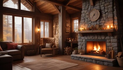 Warm and cozy cabin with a crackling fireplace, comfortable seating, soothing ambiance