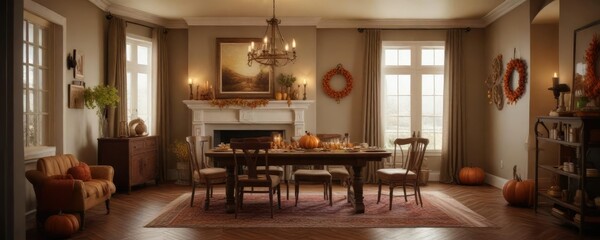 Warm and inviting home with Thanksgiving decorations, inviting, soft furniture