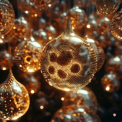 Obraz premium Abstract Visualization of Shimmering Hanging Orbs with Illuminating Lights and Reflective Surfaces in a Dark Atmosphere