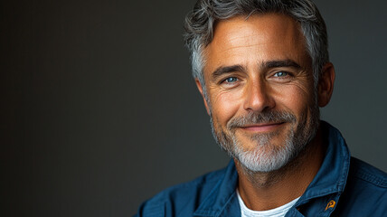 Obraz premium A mature man's serene smile, reflecting contentment and quiet strength against a subtly blurred dark background.