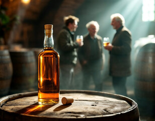  Bottle of whiskey on top of  wooden barrel  in cellar. Whiskey tasters are in the background.