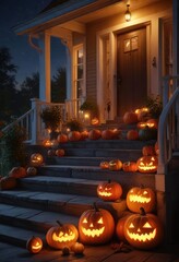 Obraz premium warm candlelight on a porch with multiple pumpkins, outdoor decor, warm glow, welcoming ambiance