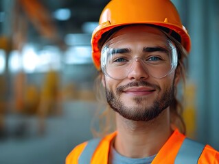 Construction worker smiling in industrial warehouse portrait photography bright environment inspirational concept