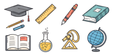 set of hand-drawn school or educational icon png