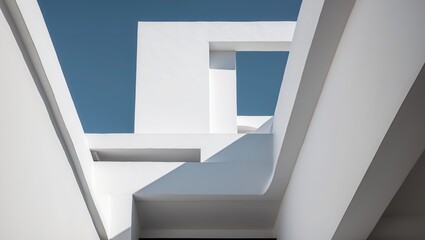 Obraz premium White concrete building exterior against blue sky. Modern architecture with geometric shapes creates abstract design with shadows and light.