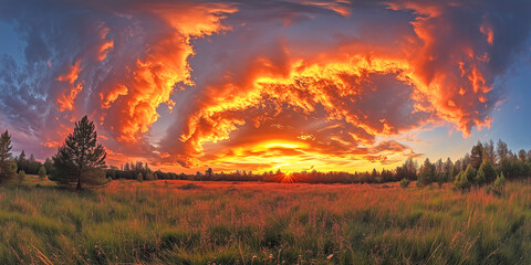 フィッシュアイレンズで見た草原の風景