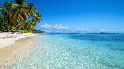 Naklejka premium Serene Tropical Beach with Clear Water and Palm Trees Under Blue Sky
