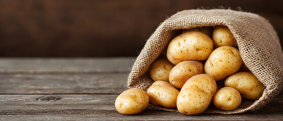 Fresh potatoes spilling from burlap sack on rustic wooden table, showcasing their earthy texture and natural color