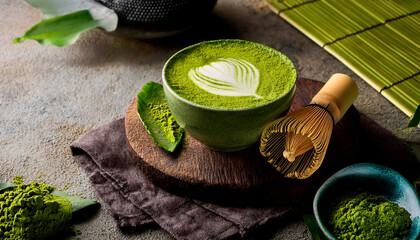 Green matcha tea mixed with milk in latte glass on wood table. Space for text. Close up. Top view of hot matcha tea latte with latte art.