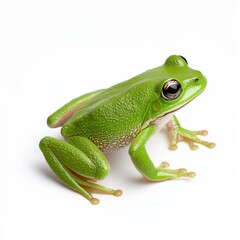 Obraz premium Bright green frog on white background, studio shot. Small amphibian with visible texture and details. Close up view