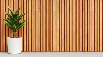 Modern Plant in White Pot Against Wooden Wall